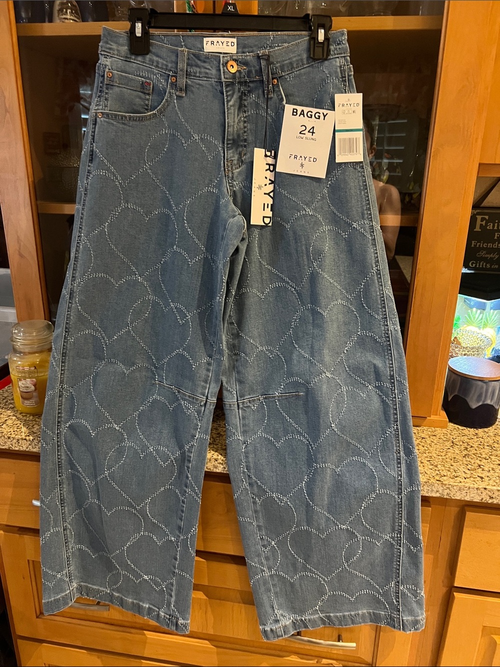 Baggy Heart-Print Wide-Leg Jeans - Blue
